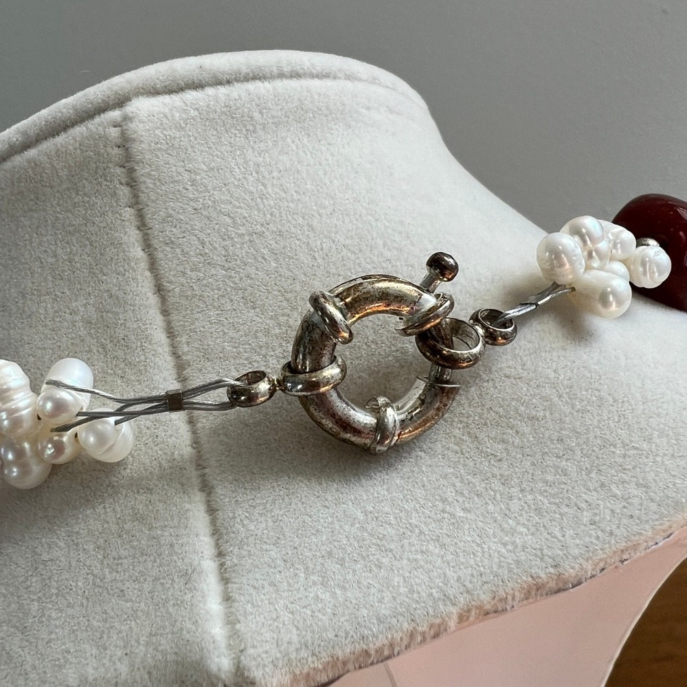 Freshwater Pearl Carnelian Necklace White Red Agate Beaded Boho Statement - Picture 3 of 9